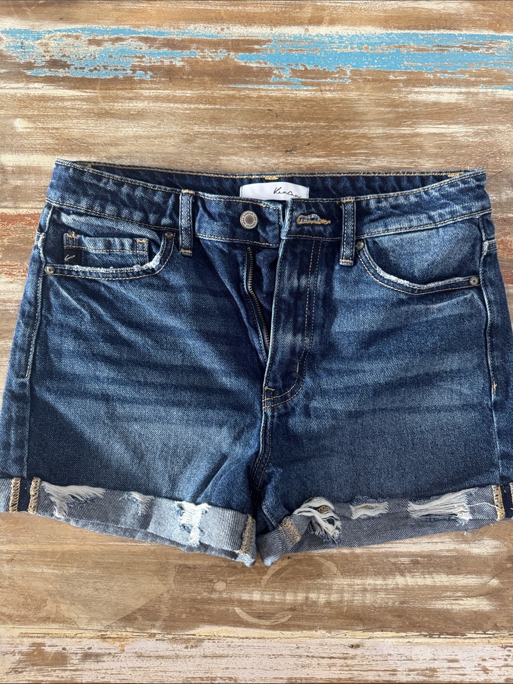 KanCan Dark Blue Distressed Rolled Hem Jean Shorts